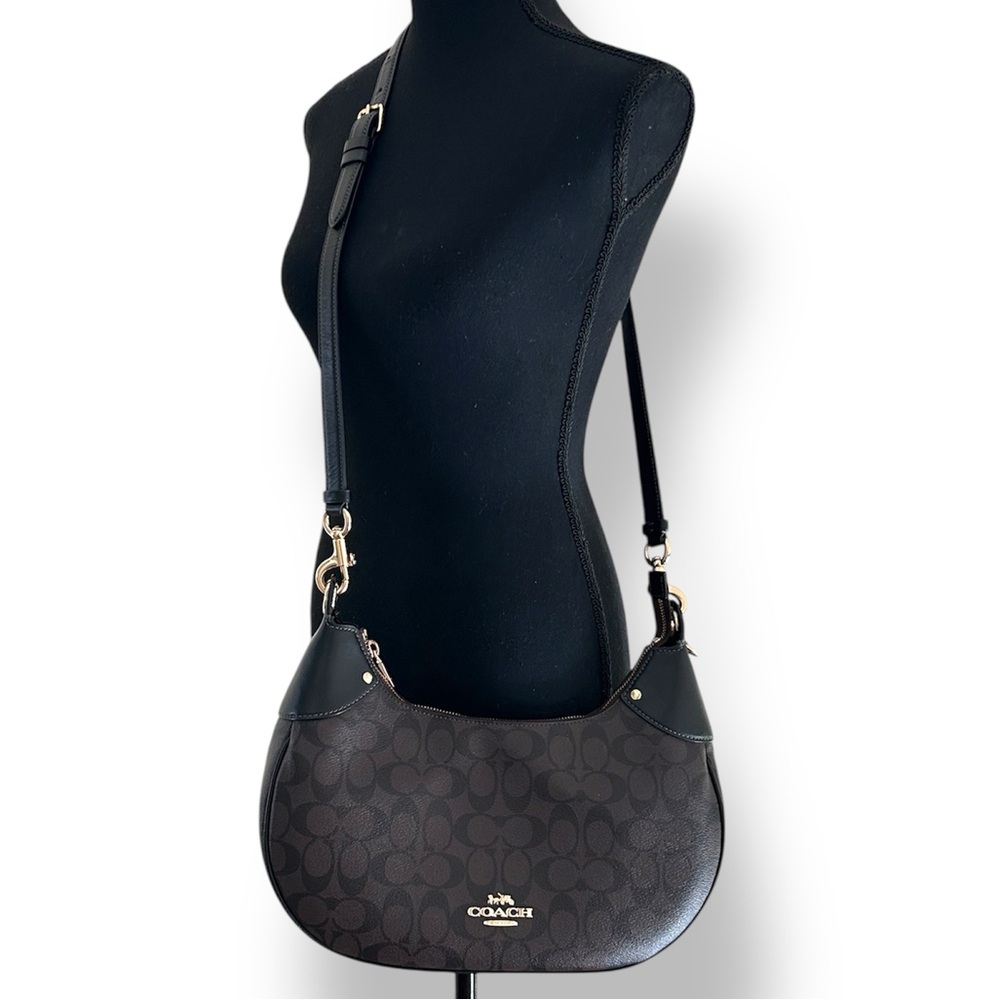 Coach Brown Signature Crescent Shoulder Bag with Black Trim